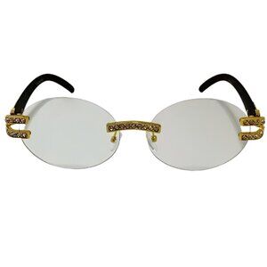 6116 | Black/Gold Rimless Oval Clear Lens Glasses with Bling Accents